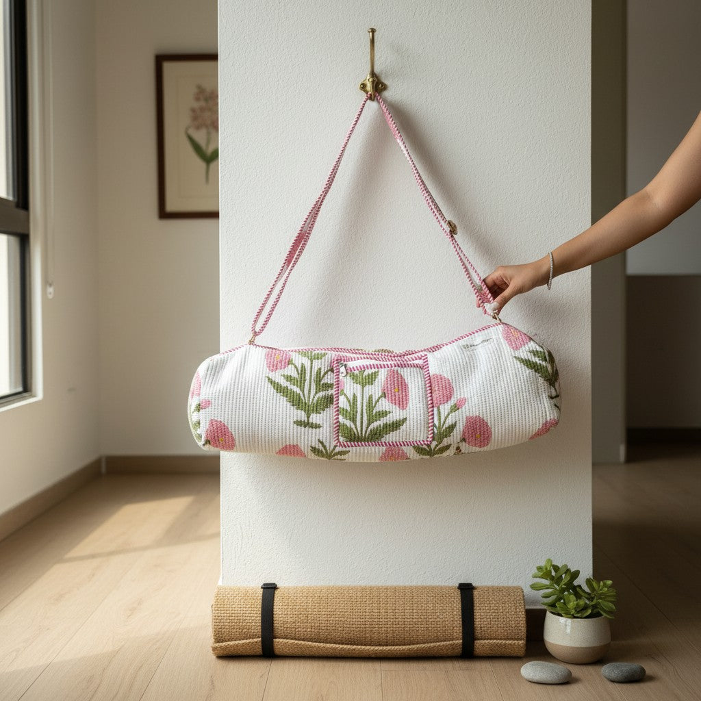 White Peony Floral Quilted Yoga Mat Bag | Block Print Cotton | The Marigold Story