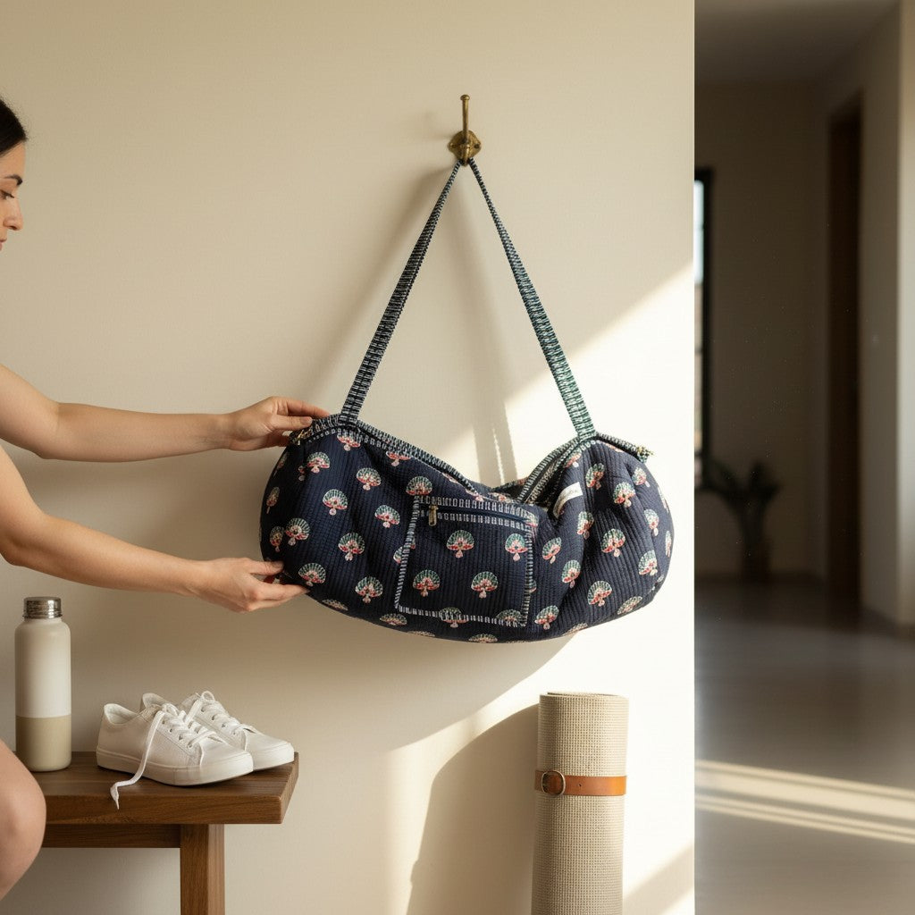 Navy Fan Motif Quilted Yoga Mat Bag | Block Print Cotton | The Marigold Story