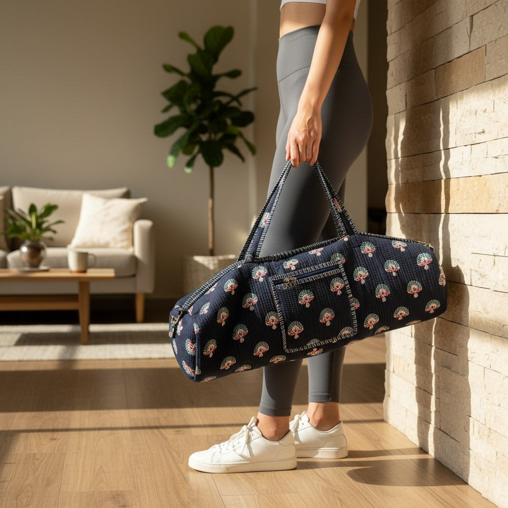 Navy Fan Motif Quilted Yoga Mat Bag | Block Print Cotton | The Marigold Story