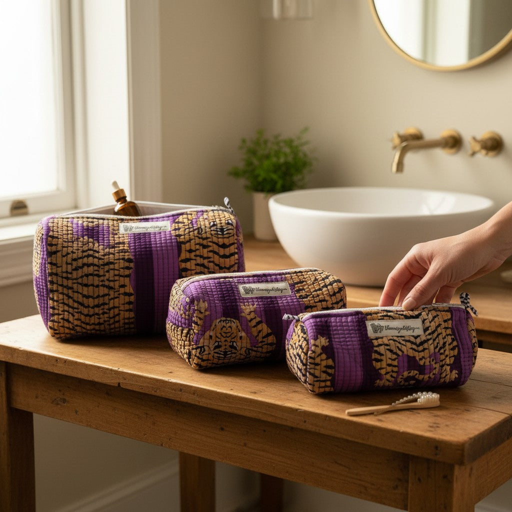 Purple Tiger Block Print Quilted Pouch | 100% Cotton | The Marigold Story