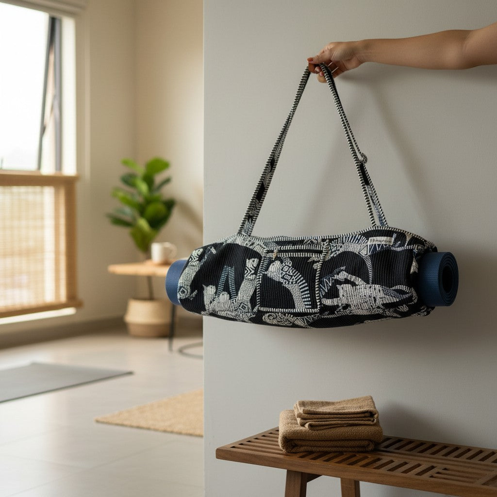 Black & White Graphic Quilted Yoga Mat Bag | Block Print Cotton | The Marigold Story