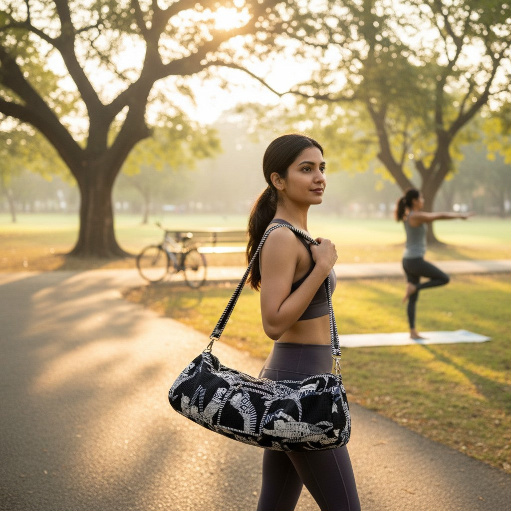 Black & White Graphic Quilted Yoga Mat Bag | Block Print Cotton | The Marigold Story