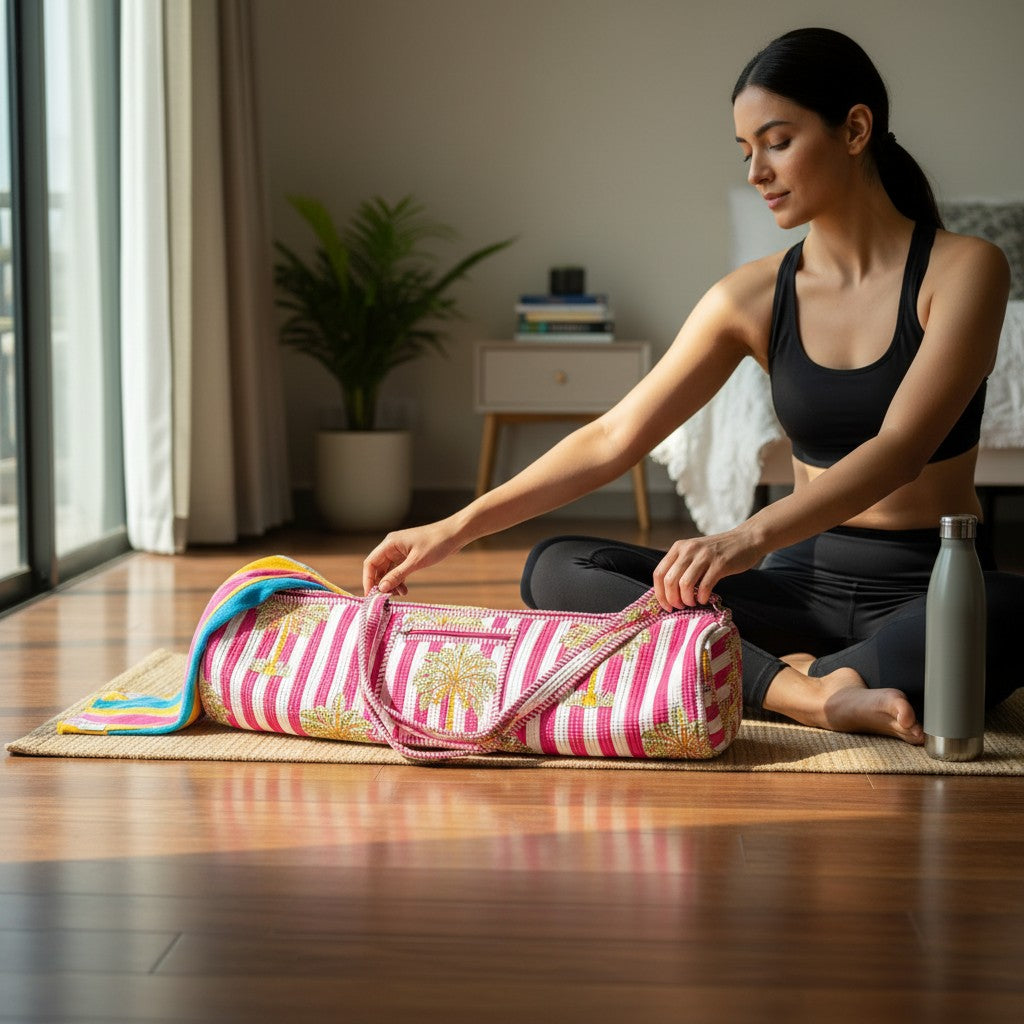 Pink Palm Stripe Quilted Yoga Mat Bag | Block Print Cotton | The Marigold Story