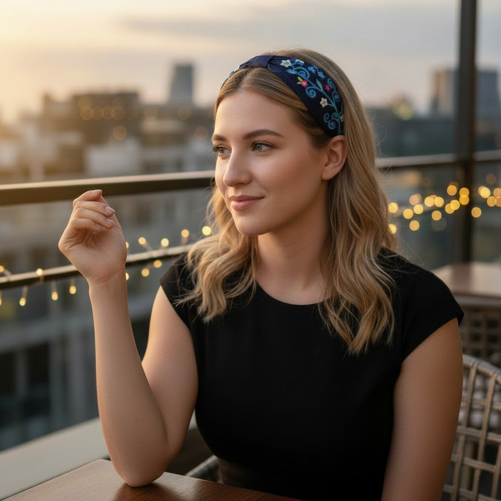 Handcrafted Navy Blue Floral Scroll Embroidered Headband