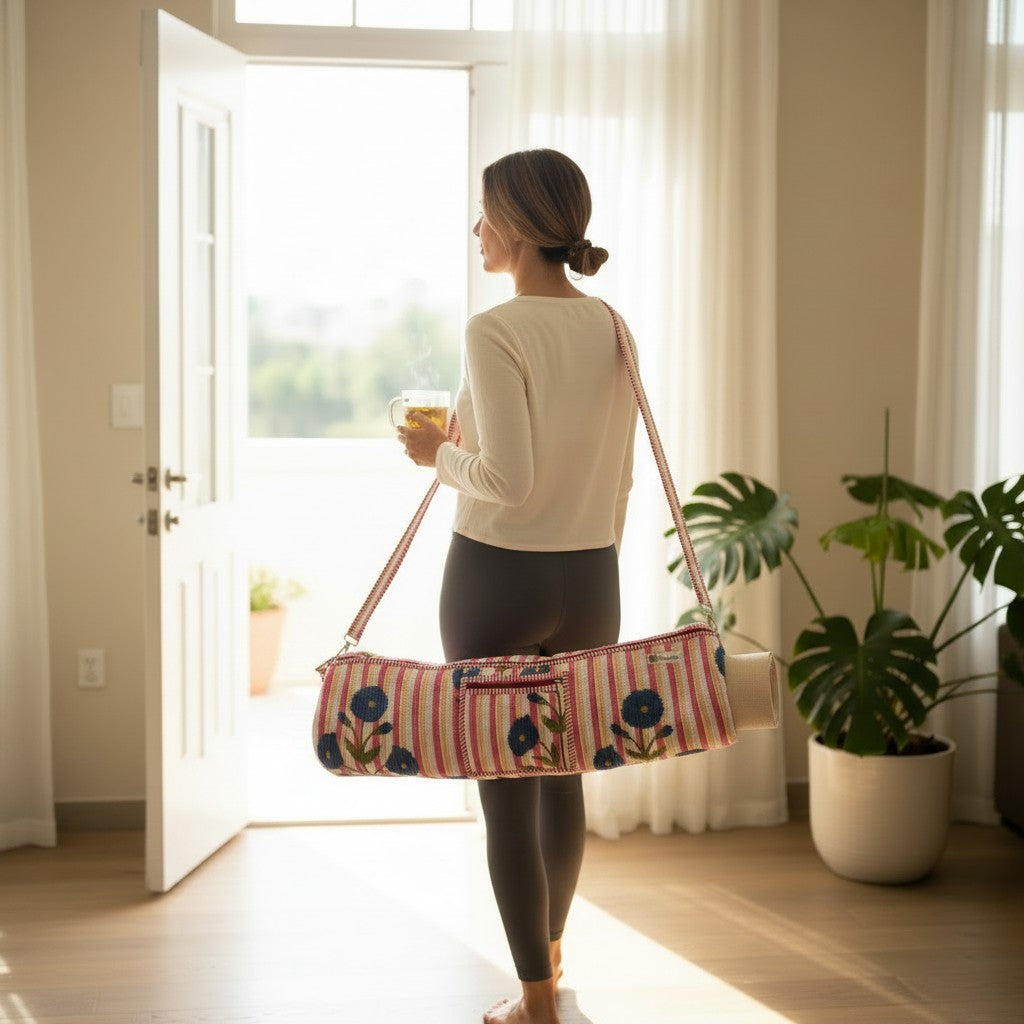 Cream Stripe Blue Floral Quilted Yoga Mat Bag | Block Print Cotton | The Marigold Story