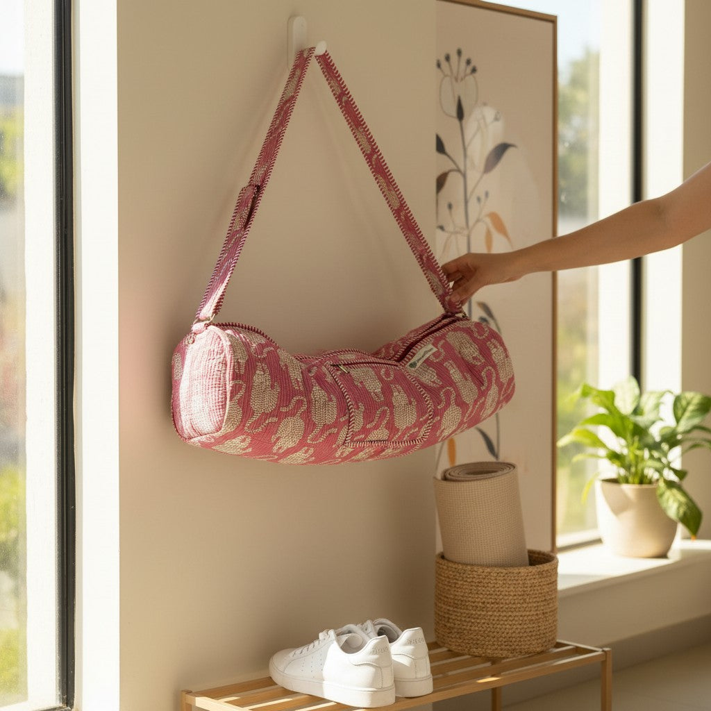 Pink Cat Print Quilted Yoga Mat Bag | Block Print Cotton | The Marigold Story