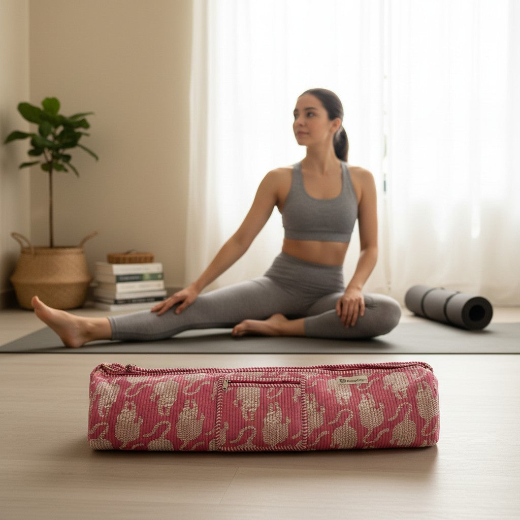 Pink Cat Print Quilted Yoga Mat Bag | Block Print Cotton | The Marigold Story