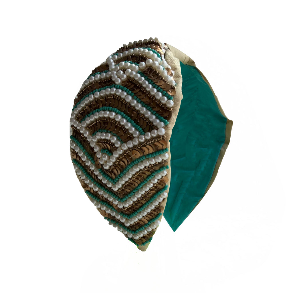 Handcrafted Beige Pearl Beaded Embroidered Headband