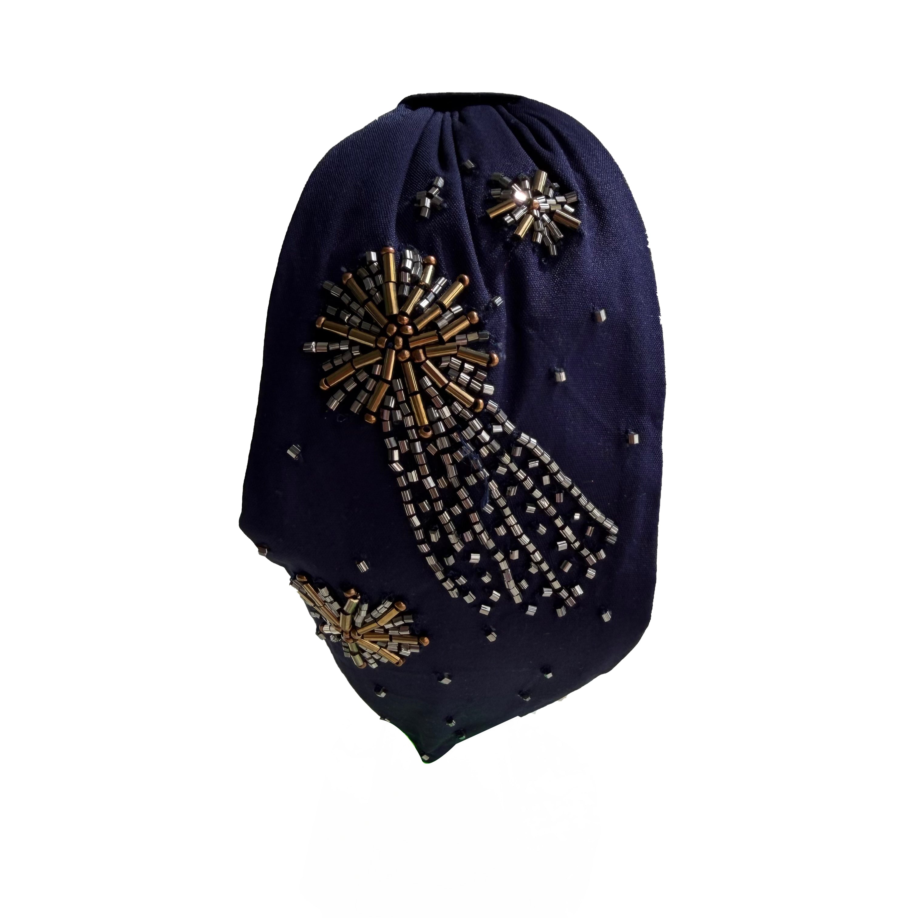 Handcrafted Navy Blue Starburst Beaded Embroidered Headband