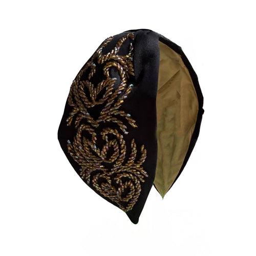 Handcrafted Black Gold Beaded Embroidered Headband