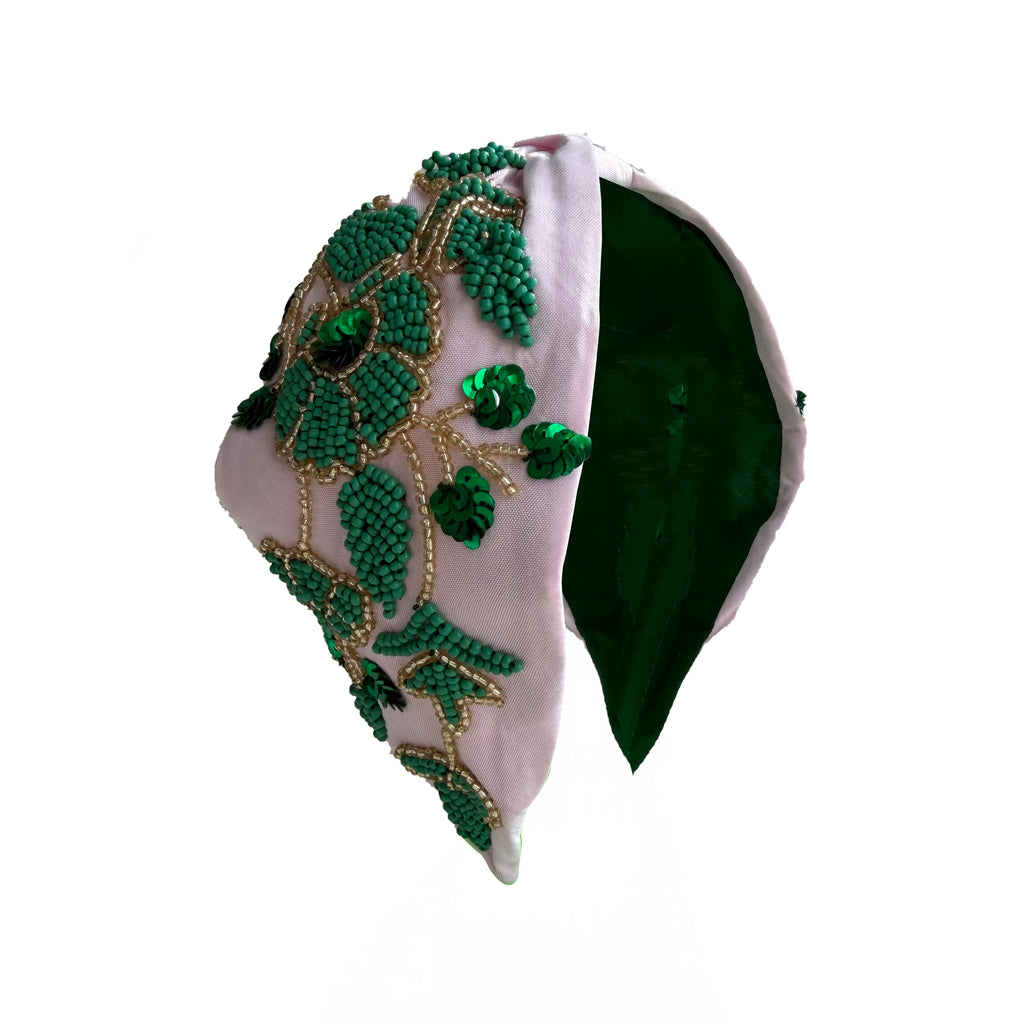 Handcrafted Pink Floral Green Beaded Embroidered Headband