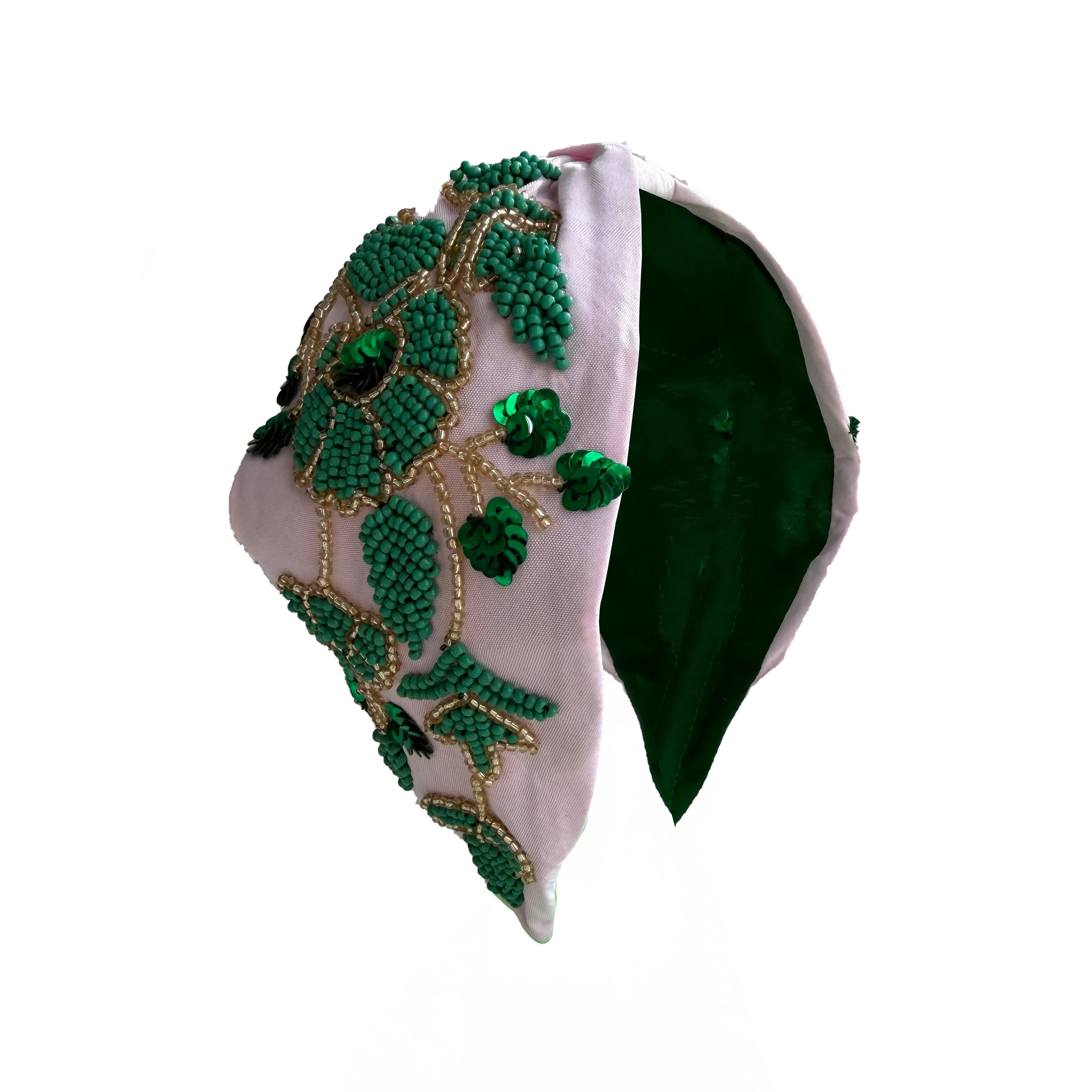 Handcrafted Pink Floral Green Beaded Embroidered Headband