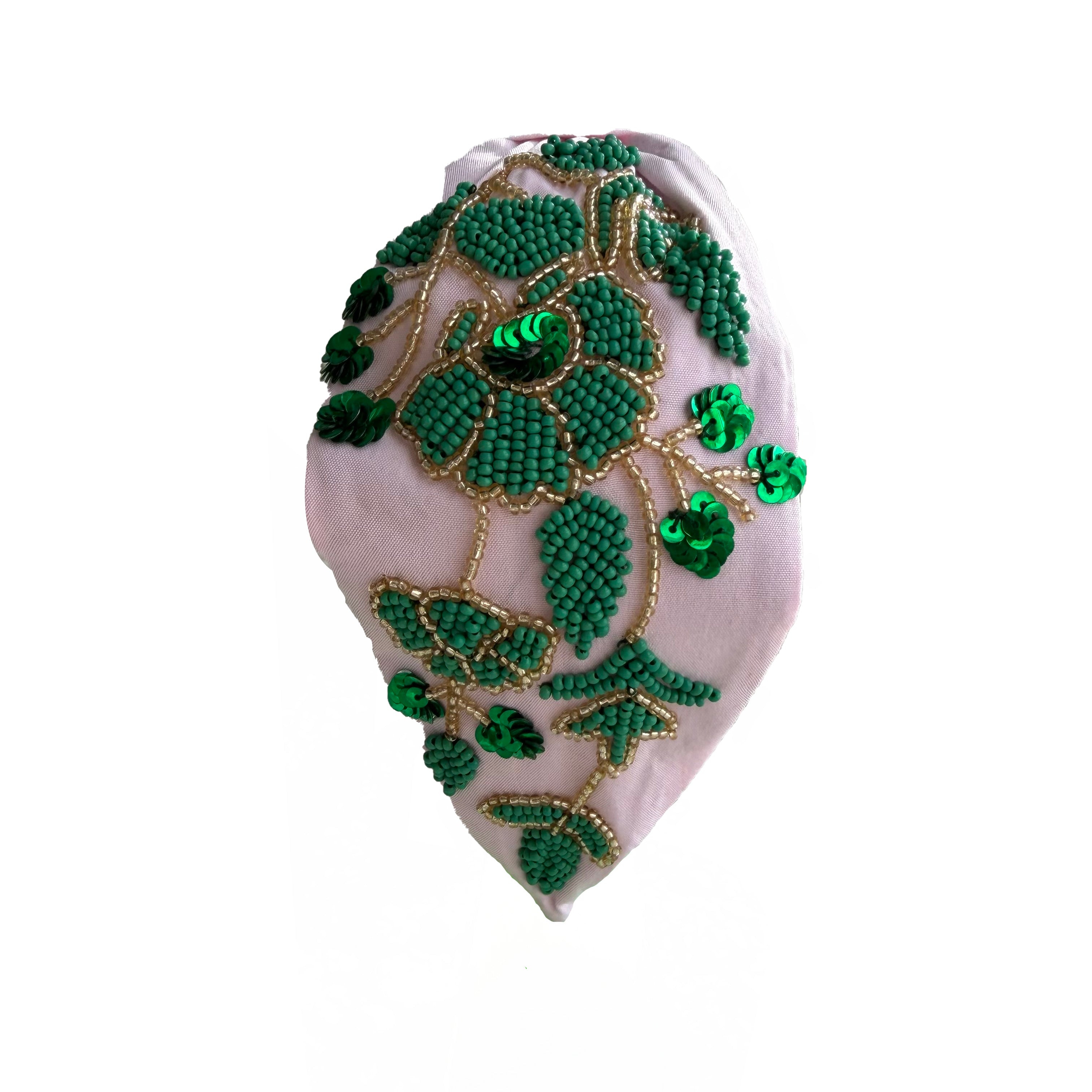 Handcrafted Pink Floral Green Beaded Embroidered Headband