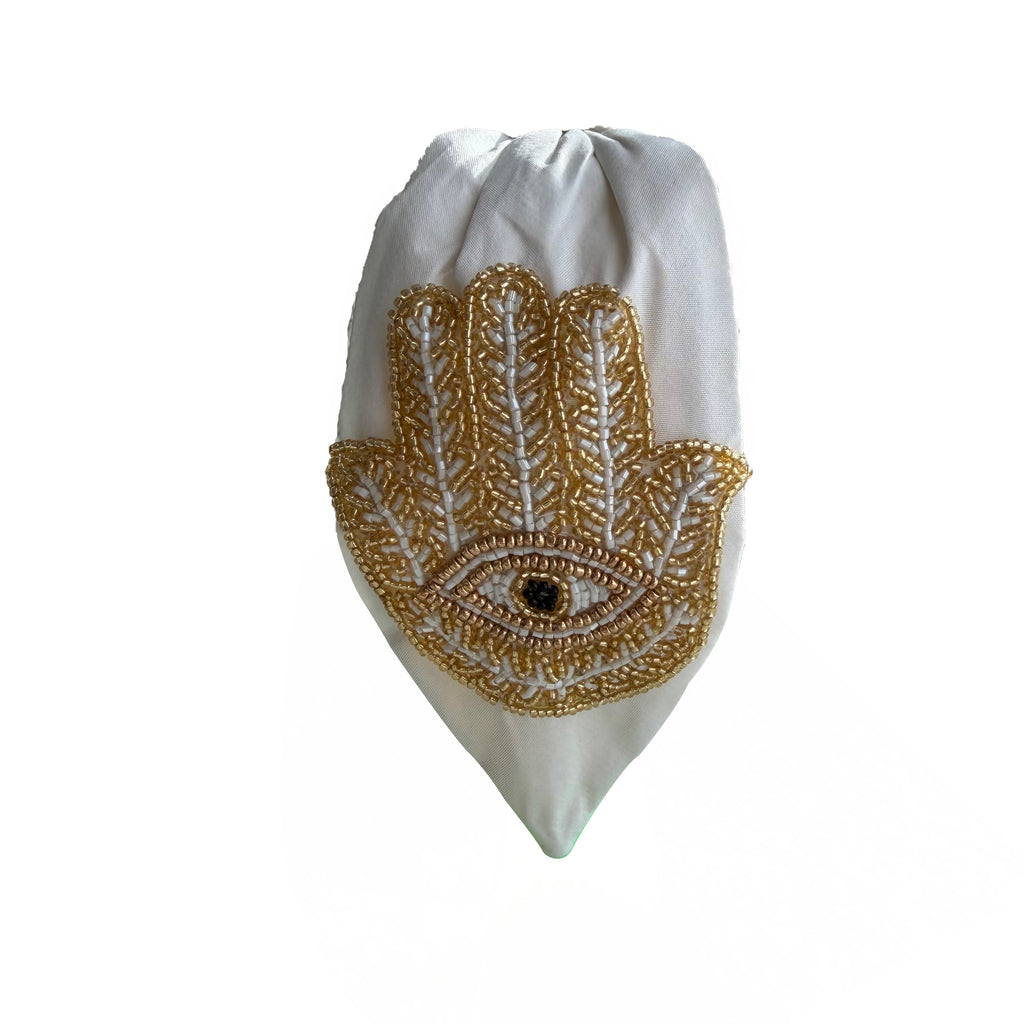 Handcrafted Ivory Hamsa Hand Beaded Embroidered Headband
