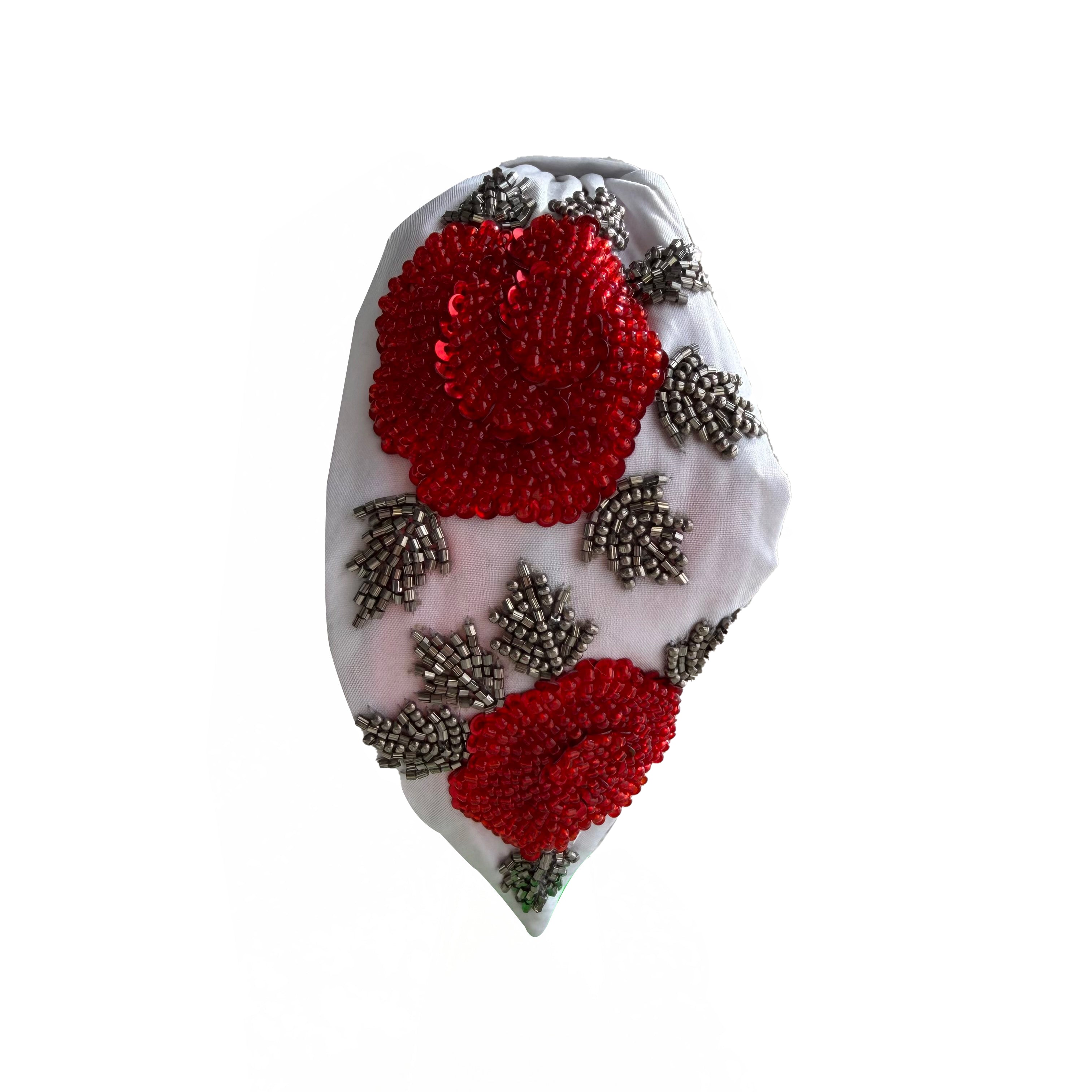 Handcrafted Ivory Red Rose Beaded Embroidered Headband