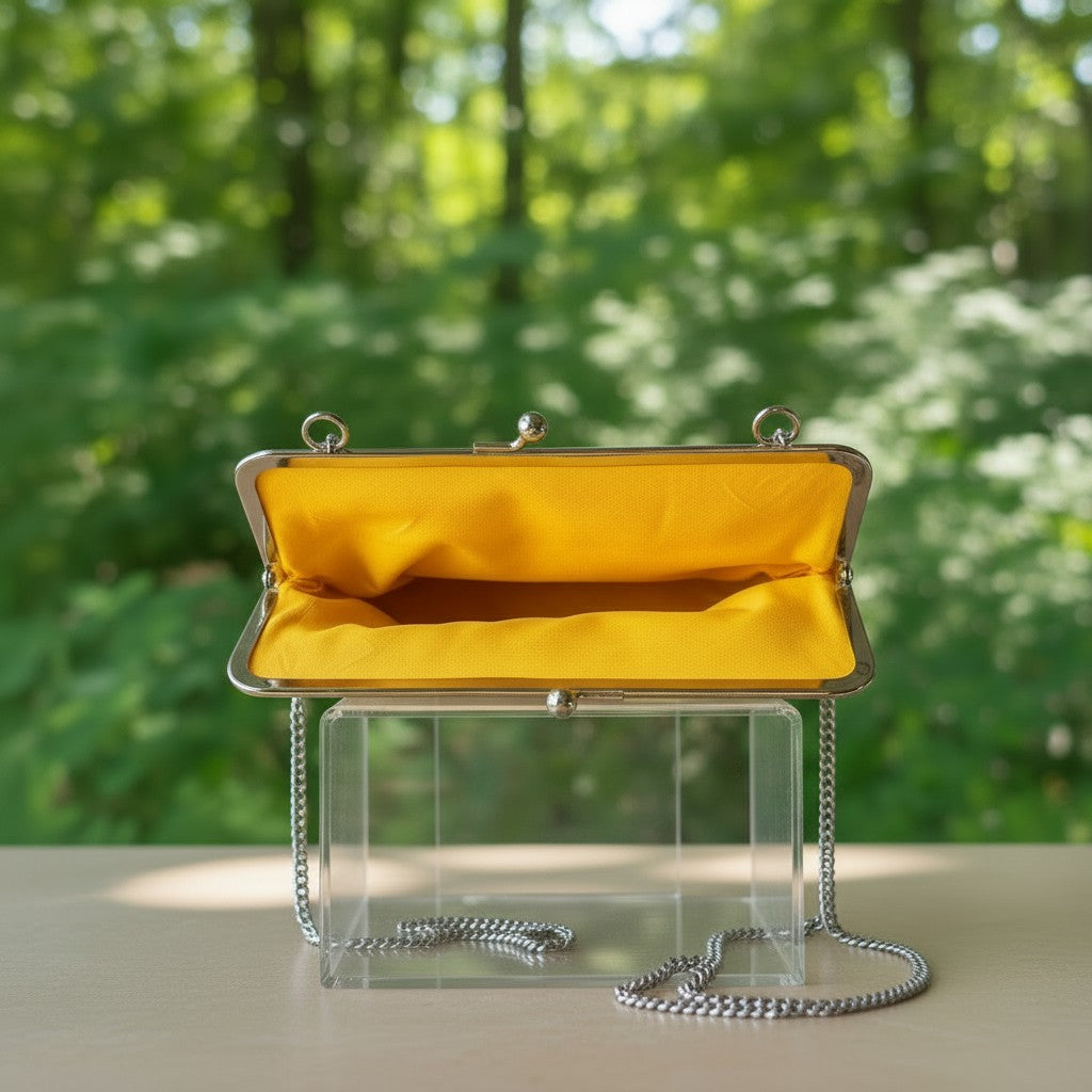 The Marigold Story white beaded sling bag with a vibrant yellow interior lining and silver chain strap