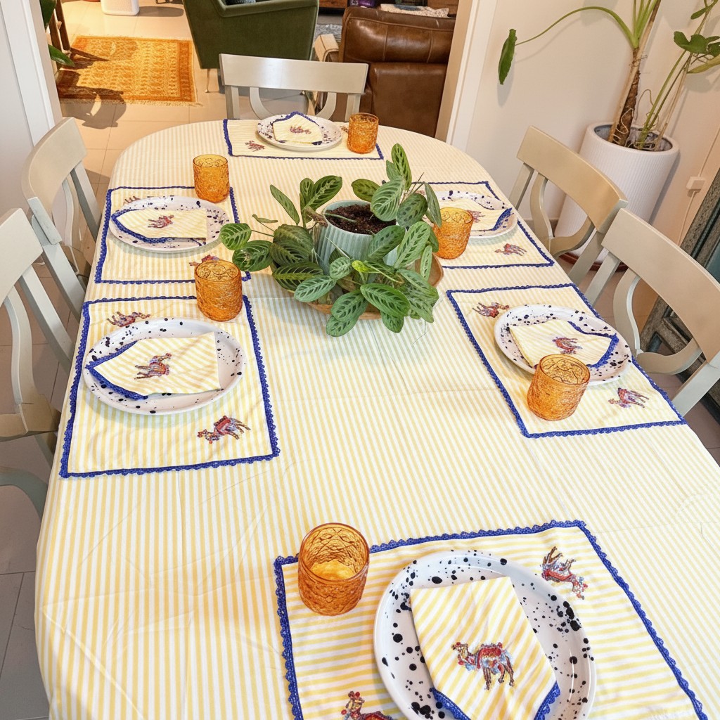 The Marigold Story handcrafted yellow striped table linen set with camel embroidery and blue lace trim on a dining table