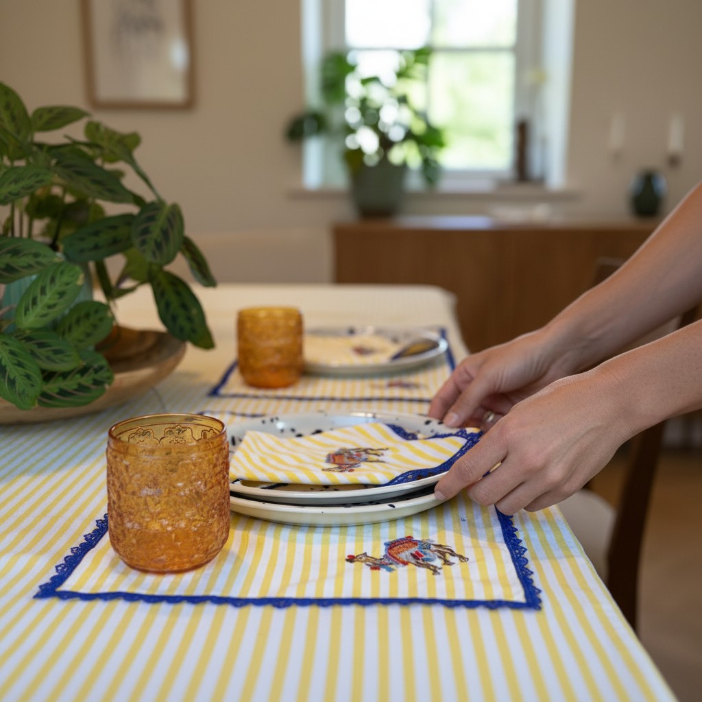 The Marigold Story yellow and white striped table linen set with hand-embroidered camel motifs and blue lace trim.