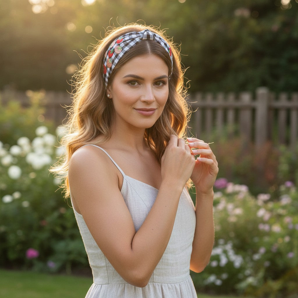 The Marigold Story black and white gingham headband with hand-embroidered strawberry motifs