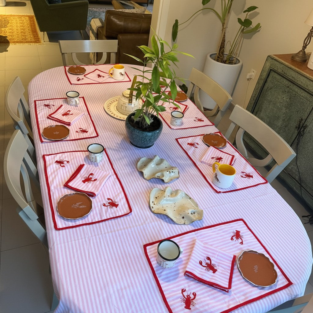 The Marigold Story handcrafted pink striped table linen set with red embroidered lobster motifs and red lace borders.