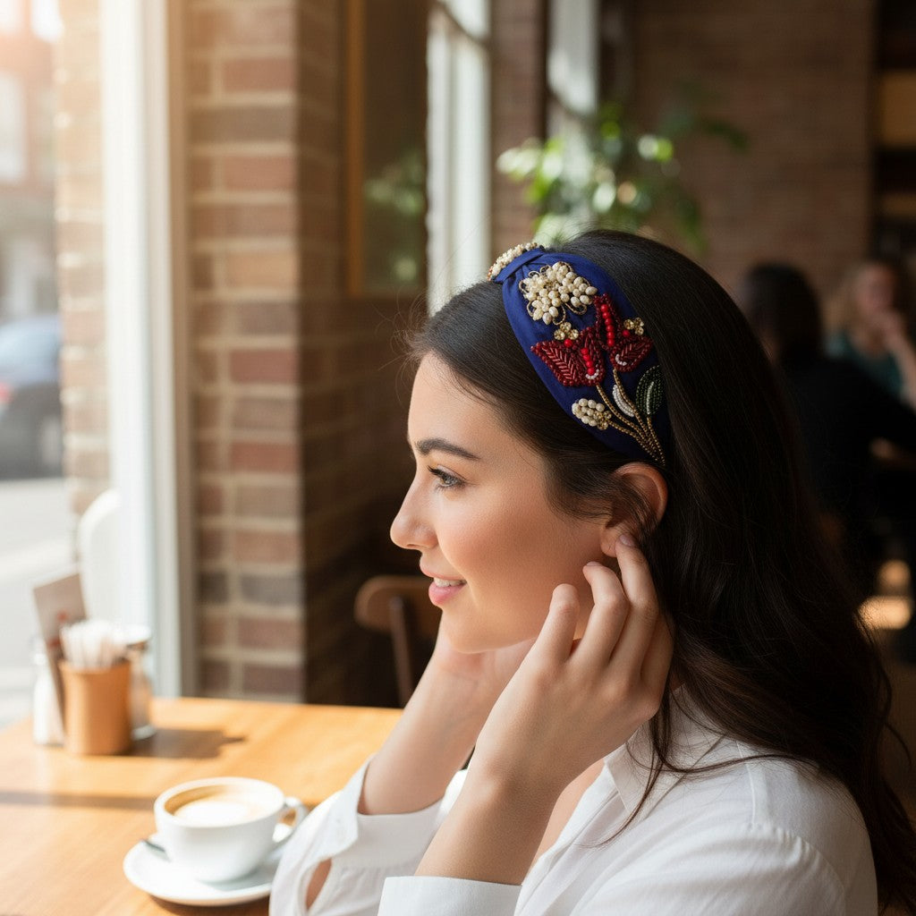 The Marigold Story navy blue headband with red beaded floral motifs, pearls, and gold crystal accents.