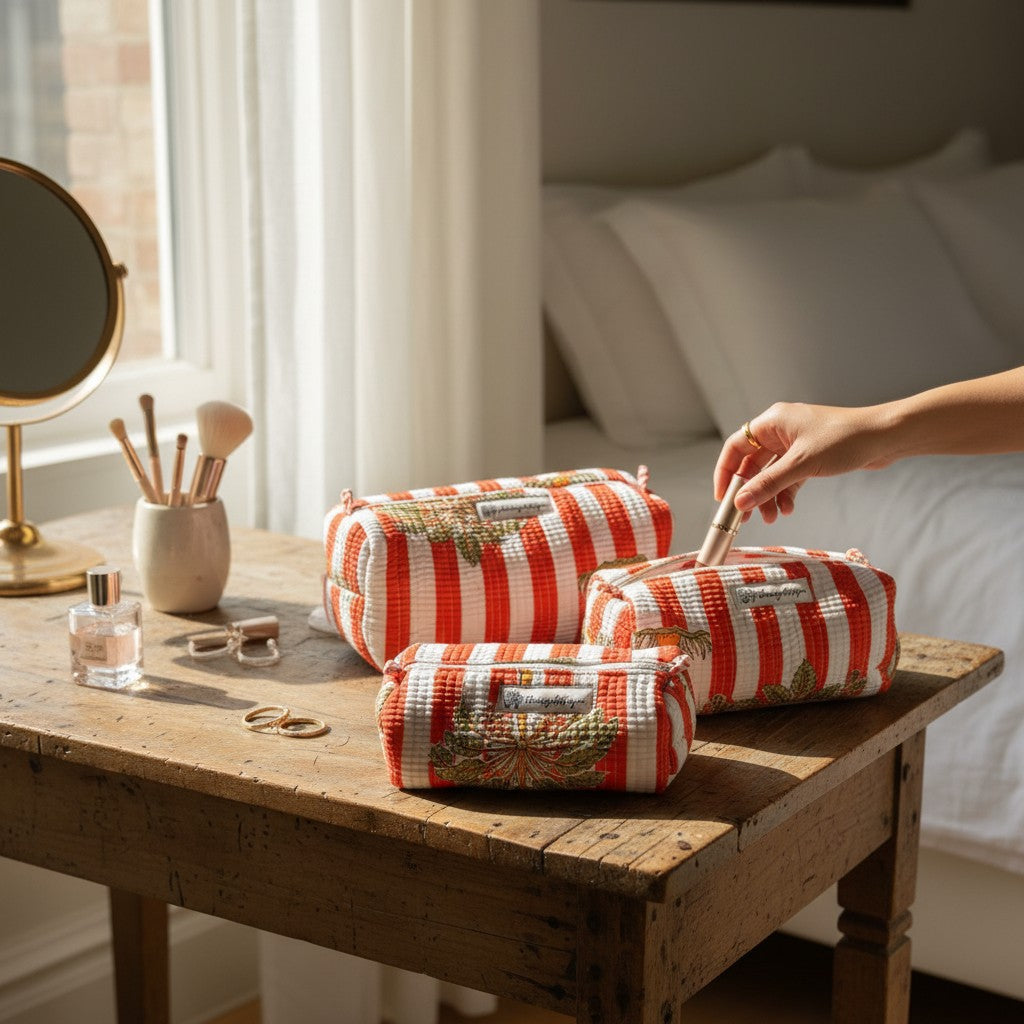 The Marigold Story quilted cotton pouches in orange stripe with tropical block prints on a wooden vanity table.