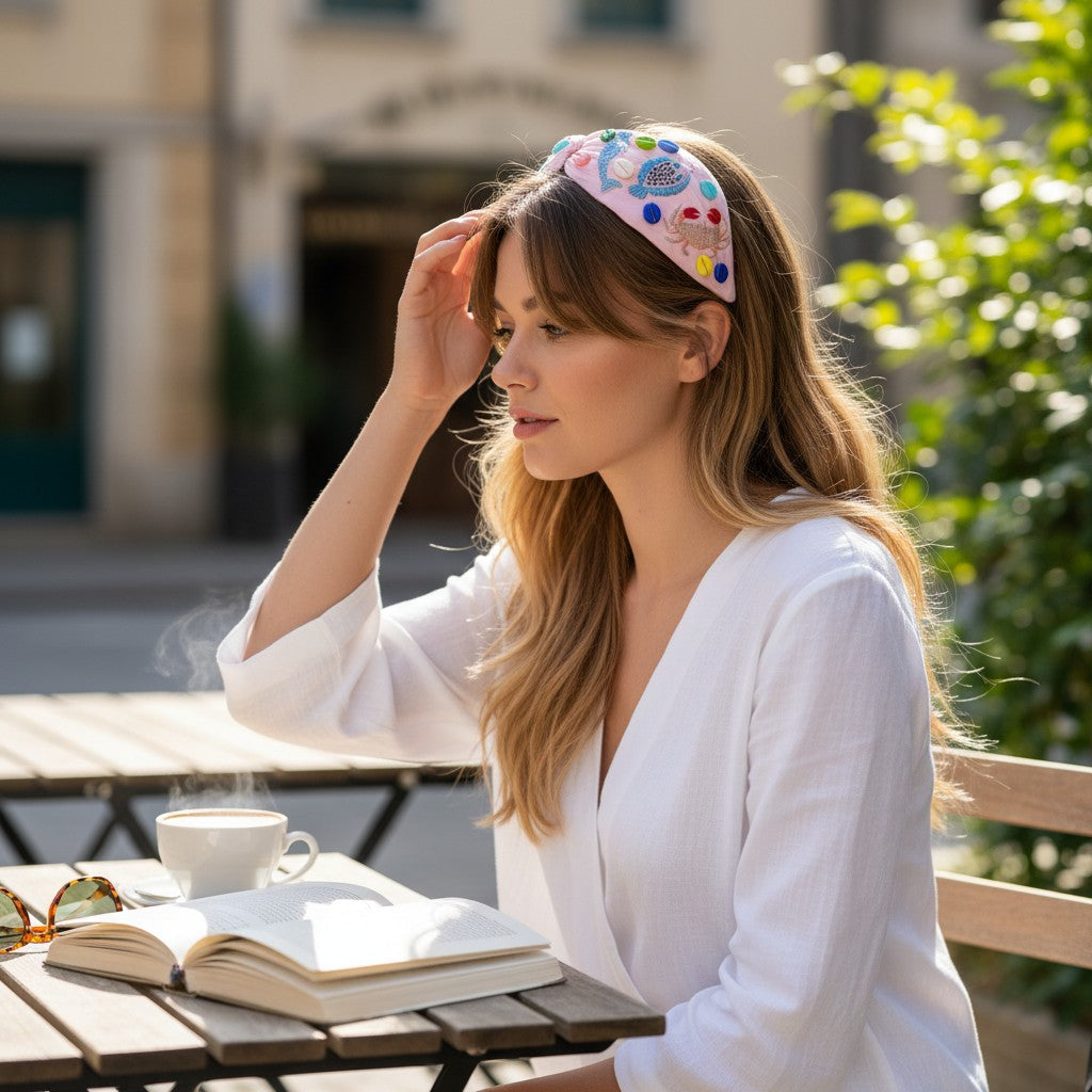 The Marigold Story pink headband with embroidered fish and seashell beads
