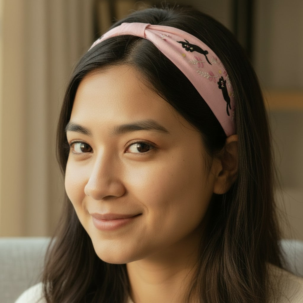 The Marigold Story pink padded headband with hand-embroidered black cats and botanical floral details.