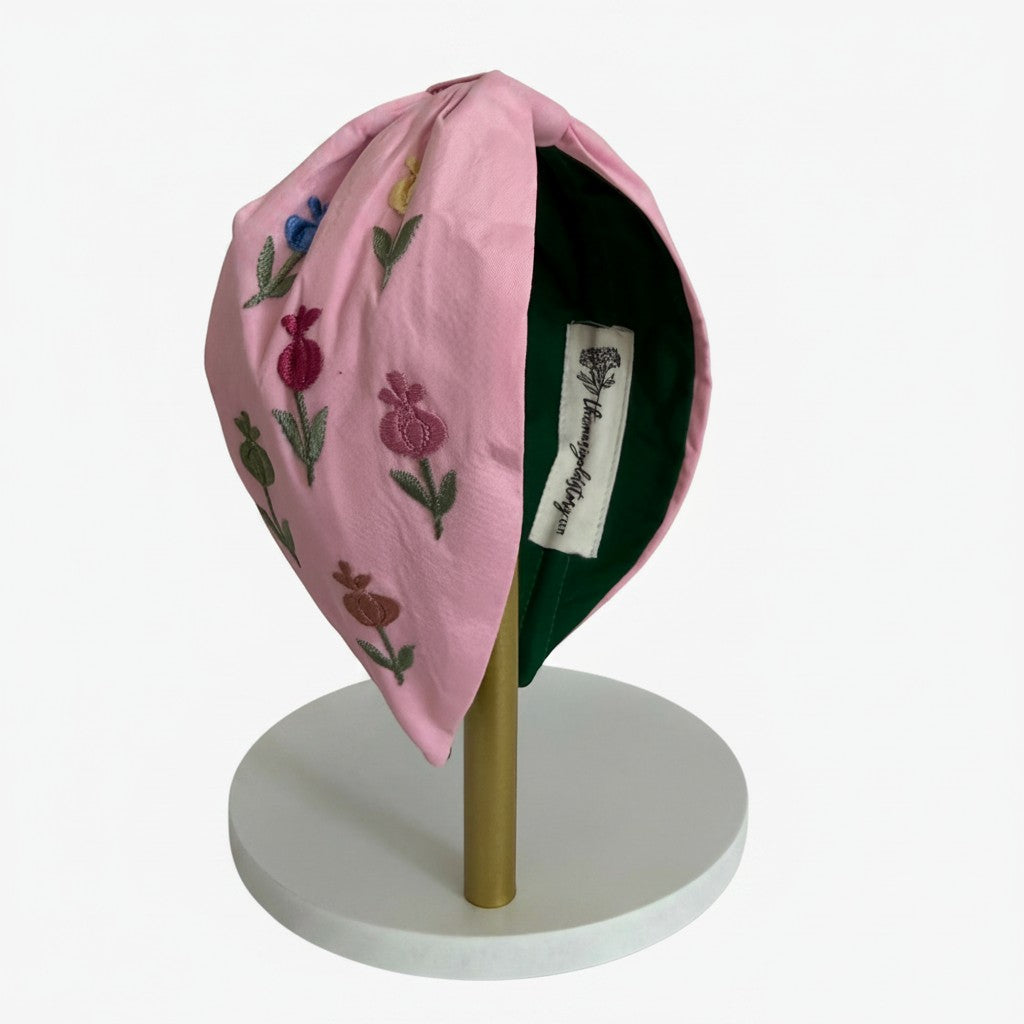 The Marigold Story pink padded headband with handcrafted multi-colour tulip embroidery