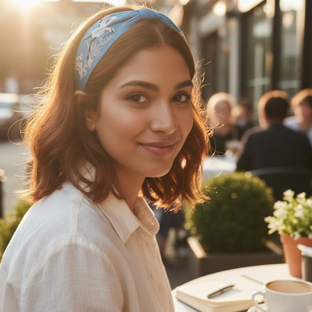 The Marigold Story teal padded headband with hand-embroidered crane and botanical floral details