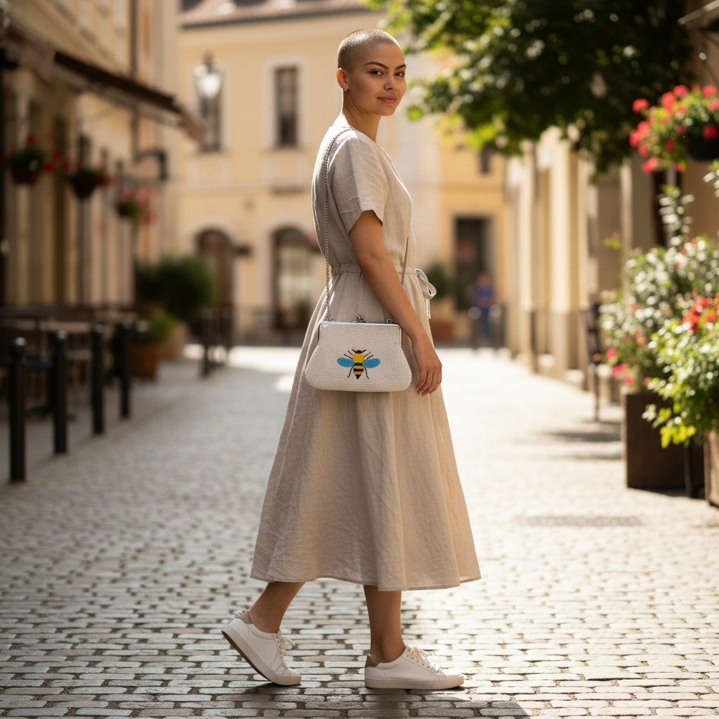 The Marigold Story white beaded sling bag with bee motif worn by a woman in a linen dress on a cobblestone street.