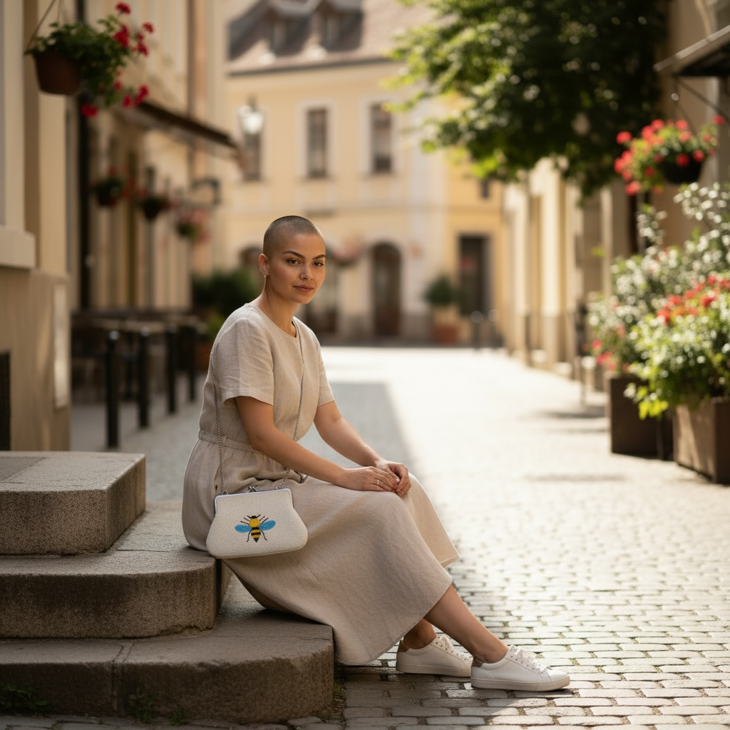 The Marigold Story white beaded sling bag with bee motif