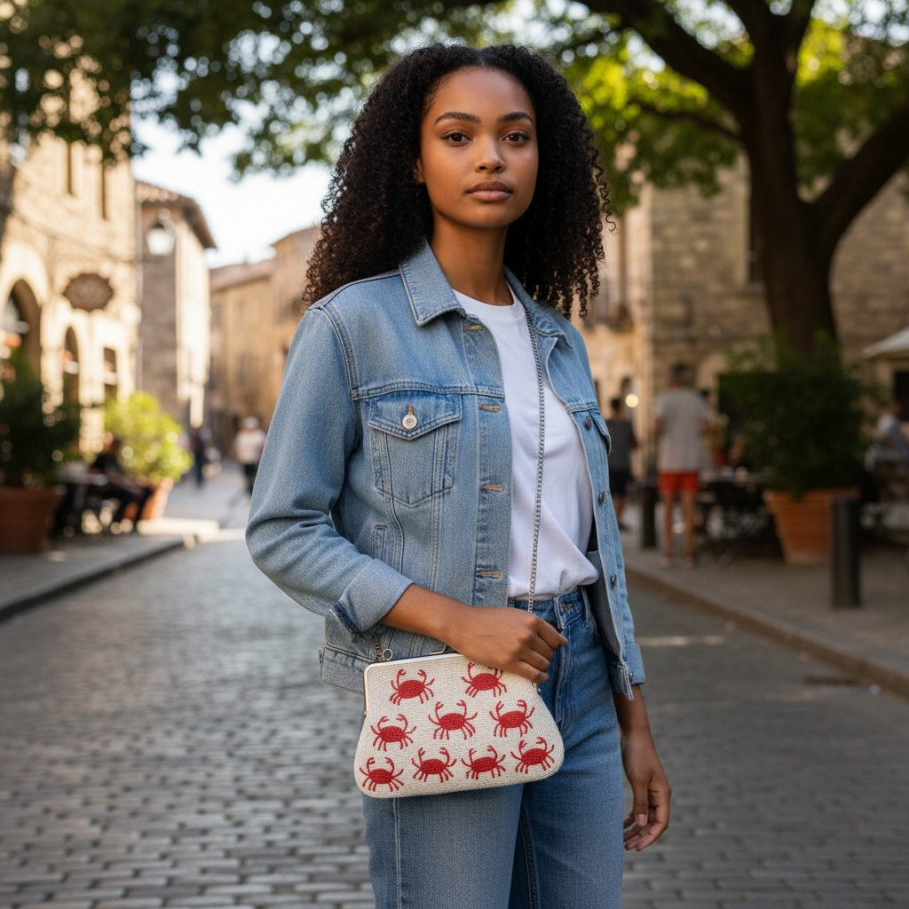 The Marigold Story white beaded sling bag with red crab motifs and a metal chain strap
