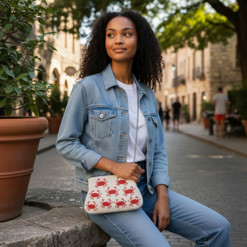The Marigold Story white beaded sling bag with red crab motifs