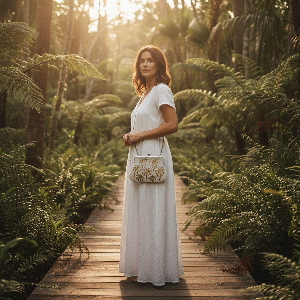 The Marigold Story white beaded sling bag with gold palm tree embroidery