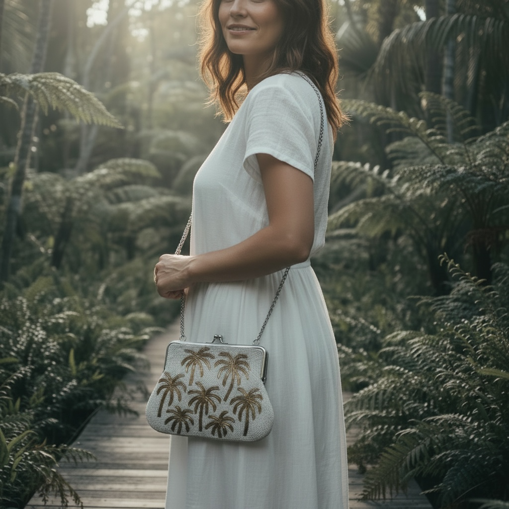 The Marigold Story white beaded sling bag with gold palm tree embroidery
