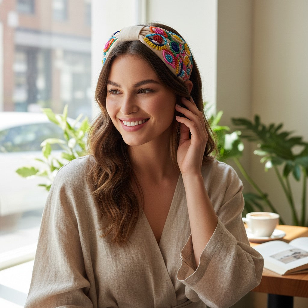 The Marigold Story white headband with vibrant multicolor evil eye seed bead motifs.