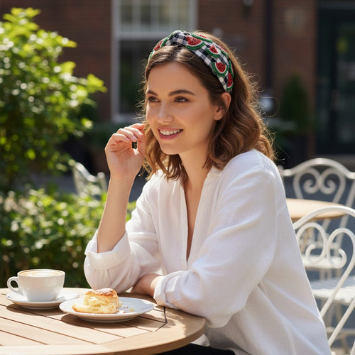 Handcrafted Black & White Gingham Watermelon Beaded Headband – View 3 | The Marigold Story